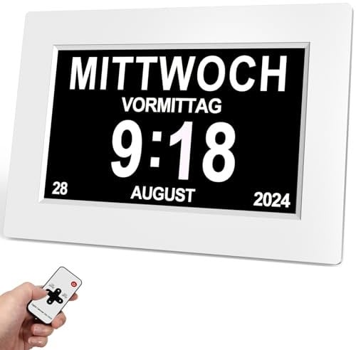 SINOIDEAS Digitaler Wecker, Digitaler Kalender, Demenzuhr für Senioren mit Benutzerdefinierten Erinnerungen (1-Weiß, 8)