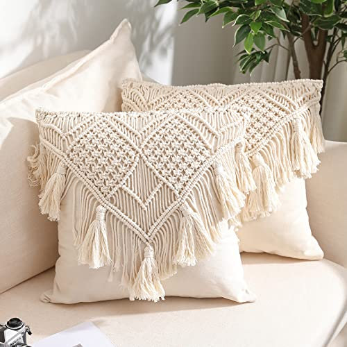 KOZYLAND Kissenbezüge, Makramee-Kissenbezug, gewebt, Boho-Kissenbezug für Bett, Sofa, Couch, Bank, Auto, Heimdekoration, bequem, quadratisch, mit Quasten, Set mit 2 dekorativen Kissenbezügen