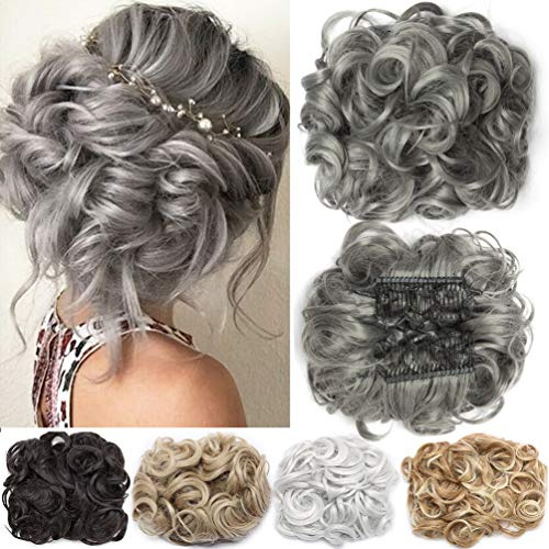Short Messy Curly Dish Hair Bun Extension Easy Stretch hair Combs Clip in Ponytail Extension Scrunchie Chignon Tray Ponytail Hairpieces Grey