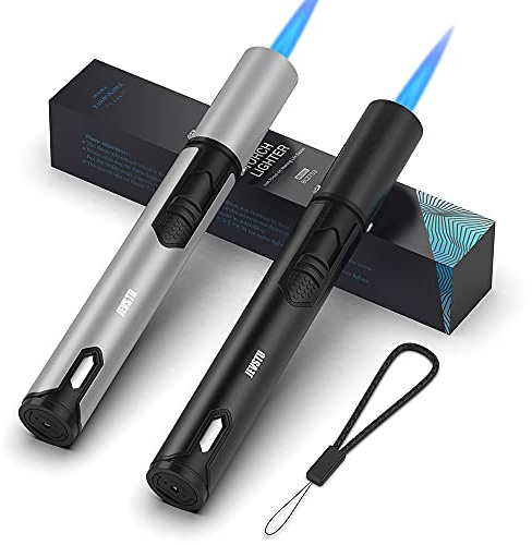 JEVSTU 2 Pack Butane Lighter, Torch with Fuel Level Window, Adjustable Fire Jet Lighter for Fireplace, Windproof Pen for Candle Kitchen BBQ, Fluid not Included, Black & Sliver