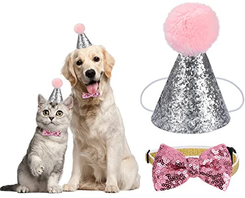 Haustier Geburtstag Hut Hund Katze Partyhüte mit Fliege Pailletten Verstellbarem Headwear Kostüm für Katzen Hunde 2 Stück