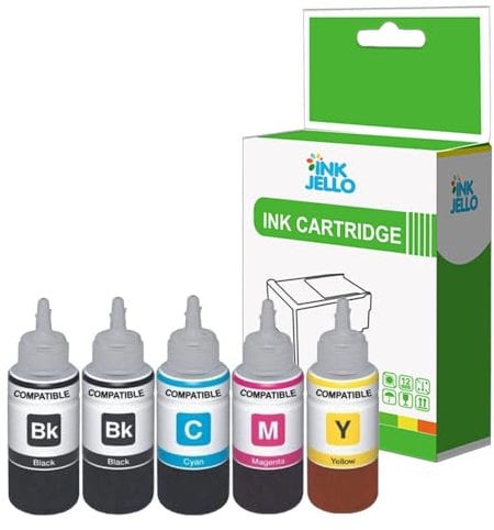 InkJello Ink Bottle Refill For Printer, Compatible With ET-2710 ET-2711ET-2712 ET-2714 ET-2715 ET-2720 ET-2726 ET-4700 104 (Black/Cyan/Magenta/Yellow, 5-Pack)