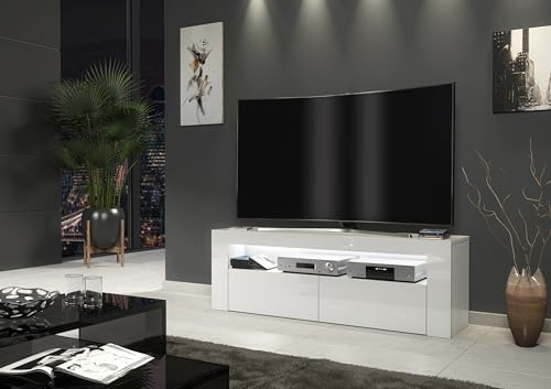Furneo Clifton 03 – White TV Stand Cabinet Unit, 125 cm, High Gloss & Matt Finish, White LED Lights