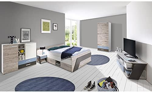 Jugendzimmer Kinderzimmer Komplett Set, Sandeiche mit weiß Lava blau, 140 x 200 cm Jugendbett, Kleiderschrank, Nachttisch, Kommode, TV Lowboard
