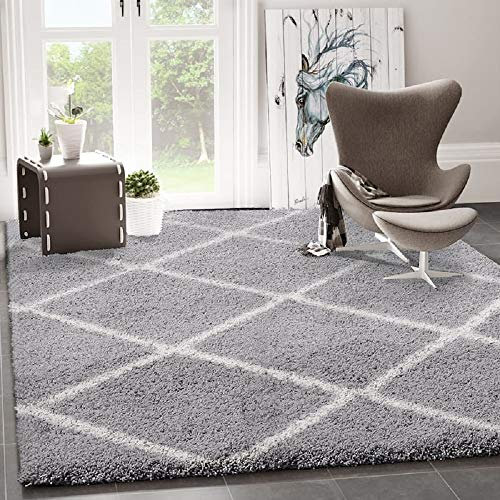 VIMODA Hochflor Teppich Wohnzimmer Shaggy Skandi Design Rautenmuster Grau Creme Robust Weich Strapazierfähig, Maße:60x100 cm