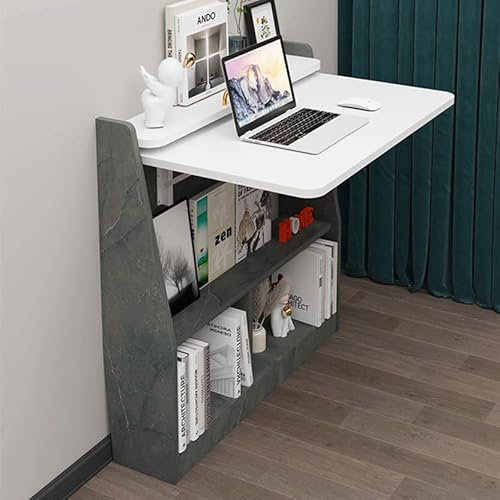 Pmnianhua Bureau Mural Multifonctionnel, Ordinateur Portable en Bois avec Étagères de Rangement, Station de Travail à Domicile (Blanc-Gris)