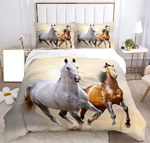 SHUAIG Set di biancheria da letto con Cavallo,3D set di biancheria da letto per bambini con motivo di cavalli animali e copripiumino, per bambini, ragazzi, adolescenti.(Due cavalli,135x200cm)