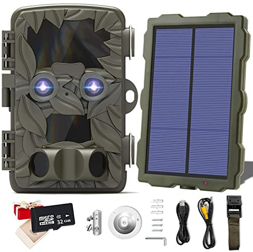 Doble-Lente Cámara de Caza 4K 20MP Trail Game Camera Visión Nocturna 115ft 0.2s Velocidad Disparo IP66 Impermeable Bluetooth Cámaras de Juego de Vida Silvestre con Panel Solar y 32GB Tarjeta