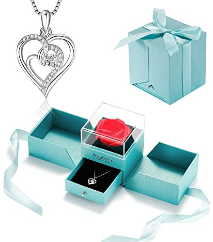 Bellrela Damen Kette Sterling Silber 925 Herz Anhänger Halskette mit Ewige Rose,Valentinstag Muttertag Weihnachten Jubiläum Geburtstagsgeschenk für sie