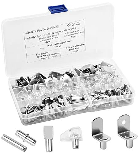 160 Stück Regalstifte 5mm in 6 Stilen, Regalträger Stützen, Shelf Bracket Pegs Vernickelt Regalhalterungen, Regalbrett Halterung Kit für Löcher in Schränke Möbelregal Bücherregal