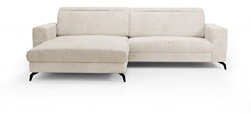 CAVADORE Ecksofa Bounce mit Cord-Bezug / Eckcouch mit Longchair, Metallfüßen + Kopfteilverstellung / 290 x 88-108 x 178 / Breitcord, Creme-Beige