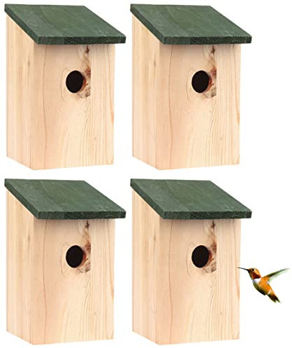 4 x Bird House Wooden Wild Small Wood Nesting Box Nesting Handy Home Garden Pressure Treated for Wild Birds with Traditional Hinged Roof