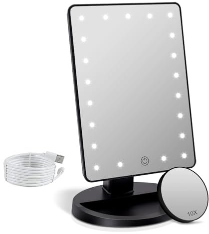 FASCINATE Makeup Vanity Mirror with Lights, Lighted Makeup Mirror with Detachable 10X Magnification, 21 Led Dimming Touch Sensor, Dual Power Supply, 180° Rotation, Portable Cosmetic Mirror