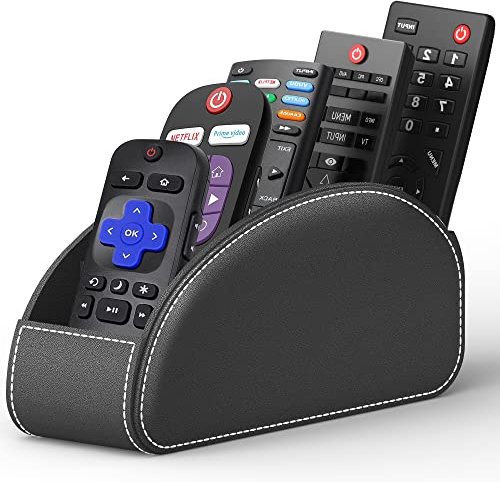 ISMINDEE TV-Fernbedienungshalter mit 5 Fächern, PU-Leder Fernbedienungshalter/Box/Tablett, Nachttisch, Schreibtisch-Organizer (schwarz1)