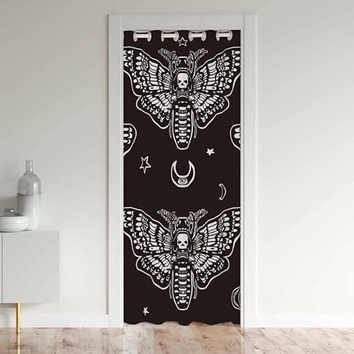 Moth Skull Door Curtain for Doorway Privacy Boho Moon Star Sliding Closet Door Curtains 80 Inch Insulated Thermal Privacy Curtain Cover for Room Divider 30%-50% Blackout Curtain 1 Panel 150x203cm