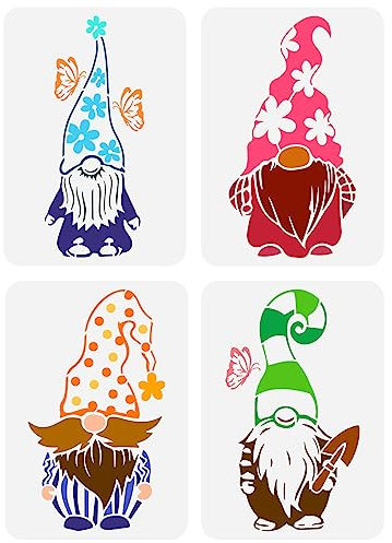 FINGERINSPIRE 4 Stück Gartenzwerg Schablone 21x29.7 cm Wiederverwendbare Blumenzwerg Malvorlage DIY Handwerk Kleine Zwerg Dekorationsschablone Zum Malen Auf Wand Holz Fliesen Und Möbeln