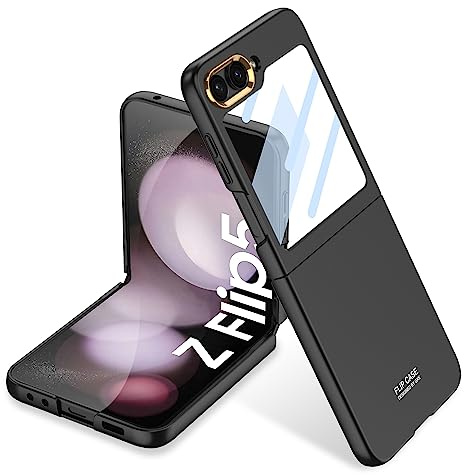 Miimall Compatible with Samsung Galaxy Z Flip 5 Case with Screen Protector, Hard PC Shell Shockproof Ultra-Thin Full Coverage Bumper Wireless Charging Supported Case Cover for Galaxy Z Flip 5-Black
