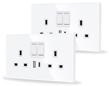 JIMEIDA 2 Pack Double Switched Socket White 20W Fast Charging 13 Amp with USB A and Type C Charging Ports Crystal Glass Panel Wall Outlet