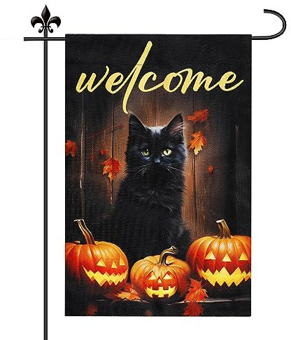 Drapeau de Jardin Bienvenue d'Halloween, 30 x 45cm Double Face Burlap Halloween Garden Flags for Outside Chat Citrouille Drapeau Halloween Decor pour la Cour de Fête en Plein Air