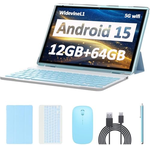 Tablet Android 15, 10 pollici 12 GB RAM+64 GB ROM/1 TB (max), tablet 2 in 1 con custodia per tastiera pennino per mouse, processore quad-core da 1,8 GHz, touch screen IPS HD 1280 x 800, fotocamera 8
