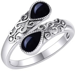 Schwarzer Onyx Ring Sterling Silber Regenbogen Einstellbar Bandringe Viktorianisch Schmuck Geschenke für Damen Mädchen