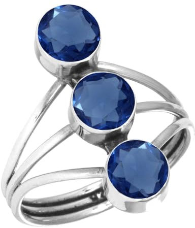 Jeweloporium Blauer Saphir Kunstsilberring Größe 60 (19,1), 925 Sterling Silber Ring für Damen, runder Edelstein Handgefertigter Schmuck