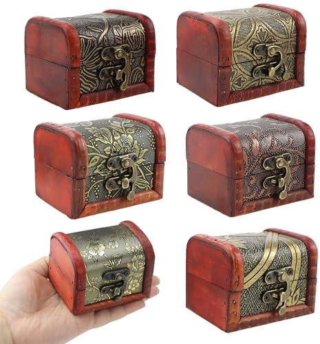 DAGORD 6 Stück Mini Schatzkiste Holz 6x6x8cm - Vintage Spardose Klein für Schmuck, Halsketten, Ohrringe und Andere Geschenke