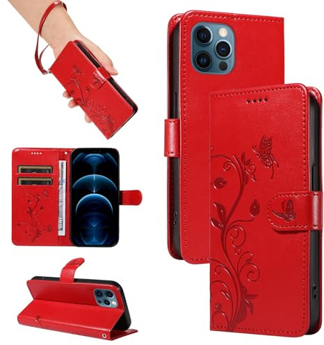 SRISHP Cover per iPhone 12 Pro Max Custodia, Rosso | Magnetica Cover a Libro, Portafoglio con Slot per Schede, Custodia in PU Pelle, Supporto Stand Cover