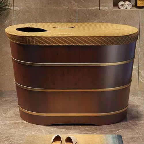 MegLob Luxus Holz Freistehende Badewanne, Kompaktes Massivholz-Spa Tiefe Badewanne Beleuchtet, Zedernholz-Soaker Mit Wannenhocker, Popup-Abflussventil,100cm/39.37,with lid