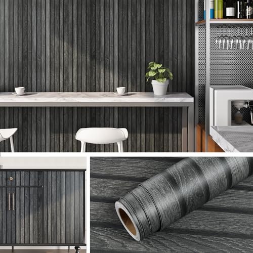 Livelynine Tapete Holzoptik 3D Holzpaneele Wasserfest Selbstklebende Tapete Holzoptik Schwarz Wohnzimmer Schlafzimmer Bad Klebefolie Holzoptik Möbel Wandpaneele Selbstklebend Holz Grau Schwarz 40CMx2M