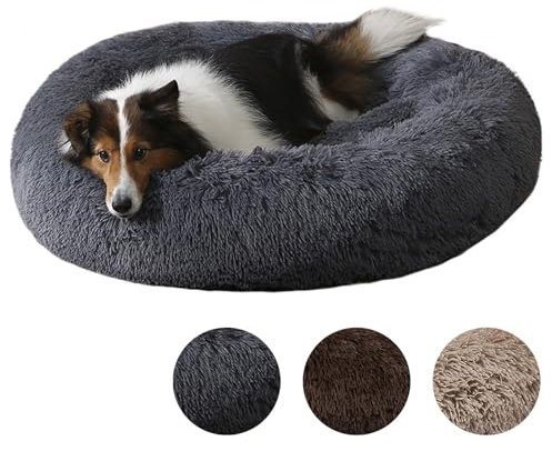 Flei Hundebett Flauschig Donut, Hundekissen WaschbarL 80cm, Kuschelbett Hund Rund Anti Stress, Hundebett Flocke, Hundekörbchen für Mittelgroßr Großr Hunde, Dunkelgrau
