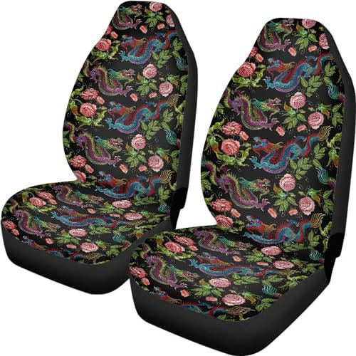 Xoenoiee Autositzbezug mit japanischem Drachen-Blumenmuster, nur Vordersitzbezüge, komplettes Set, 2 Stück, universeller Schalensitz mit hoher Rückenlehne, Auto-Vordersitzbezüge