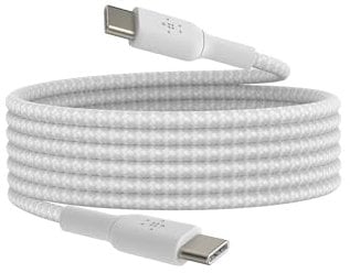 Belkin BoostCharge Câble à gaine tressée USB-C vers USB-C (2 m, pour iPhone 16, 16 Pro, 16 Pro Max, 16 Plus, Galaxy S24, S23, Note10, Note9, Pixel 9, Pixel 8, iPad Pro, etc., blanc)