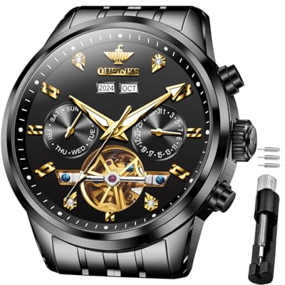 OUPINKE Herren-Armbanduhr, automatisch, luxuriös, großes Zifferblatt, mechanisch, Edelstahl, wasserdicht, Kalender, männliche Armbanduhr