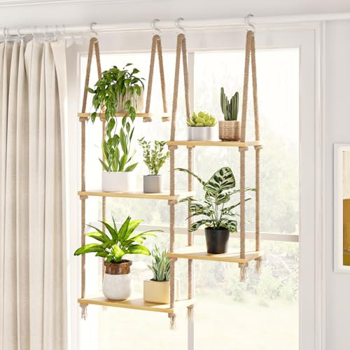 Bamworld Étagère de Fenêtre Bohème à Suspendre pour Plantes d'Intérieur - 5 Niveaux - Murale en Bois pour Plusieurs Plantes - Pour Mur, Rebord, Salon