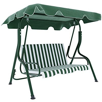 Dondolo 3 Posti Con Cuscini Imbottiti Tettuccio Parasole Regolabile Struttura In Acciaio Verniciato Robusto Da Giardino Esterno Balcone Terrazzo 170 x 110 x 153 Cm (Verde e bianco)