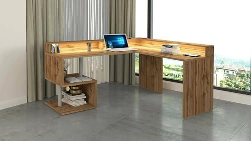 Dmora - Schreibtisch Albert, Eckschreibtisch mit Ablagefächern und LED-Leuchten, Mehrzweck-Büroschreibtisch mit Platte, 180x92,5x160 cm, Eiche