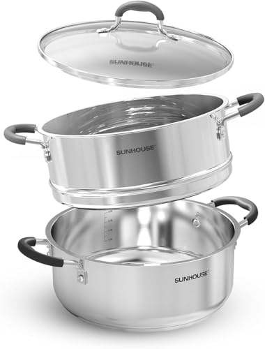 SUNHOUSE - 5 Quart Steamer Pots with Lid 2-Tier Multipurpose Stainless Steel Steaming Pot Cookware with Handle for Vegetable, Dumpling, Sauce, Food - Triple Bottom, Measurement Line