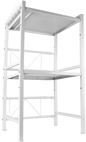 Mensola Salvaspazio Estensibile Porta Microonde in Acciaio, Scaffale Cucina doppio con 2 ripiani Portaspezie, Mobile Organizer con Ganci e Piedini Antiscivolo,Moderno-40/64*36,5*78 cm--Bianco