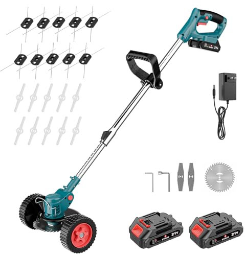 Desbrozadora Electrica Bateria 21V Cortabordes Batería Brushless con 2 Baterías 3.0Ah,con 10 Hilos de Acero, 10 Cuchillas de Plástico, 2 Cuchillas de Metal y una Cuchilla Circular de Acero
