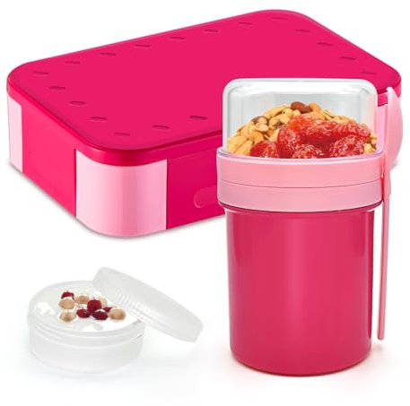 XJIANFU Brotdose Kinder mit Fächern,900ml Auslaufsichere Bento-Box und Müslibecher to Go 350ml+450ml,Auslaufsicherer Lunchbox und Müslibecher Set(1270+3545-Pink)