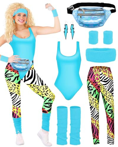 BIQIQI 80er Jahre Outfit Damen Set Retro Trainingsanzug Kostüm 80s 90s Kleidung Kostüm Accessoires Clothes Trikot, Leggings, Stirnband, Armbänder, Beinwärmer, Ohrringe, Gürteltasche