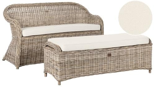 Gartenbank 150 cm mit Ottomane Rattan naturfarben Auflagen beige Boho Susua