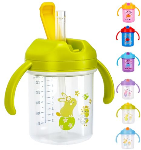 SUPPRUI Sippy Cup,280ml Baby Cup,Straw Cups with Handles,Spill-Proof Baby Sippy Cups,Water Bottles with Straw for Babies,BPA Free,Trainer Cups for 6+ Months (Transparent-Green Lid)