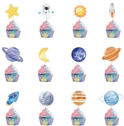 Calkkrer 24 Stück Cupcake Topper Weltraum Thema, Rakete Galaxie Universum Planeten, Kuchendekoration, Kinder Geburtstag und Weltraum Party, Torte Deko Supplies