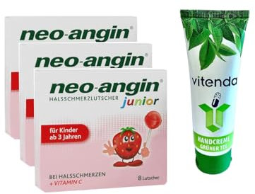 Neo-Angin Junior Halsschmerzlutscher 3x8Stk inclusive einer Handcreme von vitenda - lindert Halsschmerzen und beruhigt die Schleimhaut in Mund und Rachen
