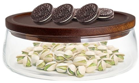 Glass Serving Bowl, Clear Glass Salad Bowl with Wooden Lid Farmhouse Style Round Food Storage Platter for Home Kitchen Party Candy Nut Fruit, L