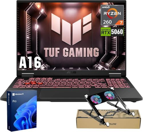 ASUS TUF A16 RTX 5060 Pro Gaming Laptop, 16 FHD+ 165Hz Display, AMD Ryzen 7 260 (Beats Intel i7-14700), NVIDIA RTX 5060, 64GB DDR5 RAM, 2TB SSD, RGB Backlit KB, RJ-45, Bundle with PCO Laptop Cooler