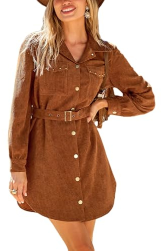 CUPSHE Damen Cord Minikleid A-Linie Langarm Hemdkleid mit Knöpfen Gürtel Taschen Freizeitkleid