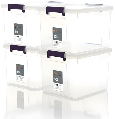 AL AJAL 4 x 50 Litre Underbed Storage Boxes with Lids Set of 4, Clear Multipurpose Nestable Stackable Plastic Storage Box With Lid 50L Clear Containers For Home, Kitchen, Garage, Office, Accessories